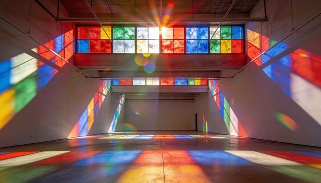 Colored clerestory windows casting rainbow light across empty industrial hall