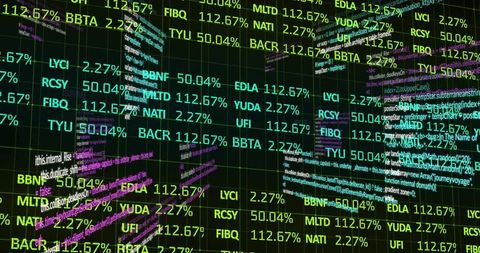 Futuristic stock tickers with code and grid metadata