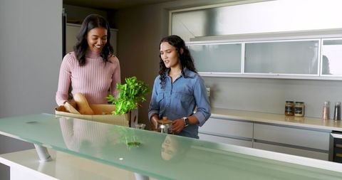 Female Friends Bonding Over Unpacking Ingredients in Modern Kitchen