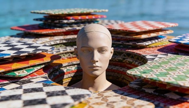 Mannequin head emerging from stacked checkerboard geometric panels at waterfront