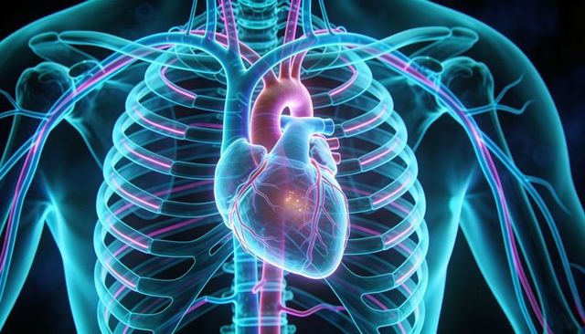 Beating heart glowing inside transparent ribcage, highlighted coronary arteries and aorta
