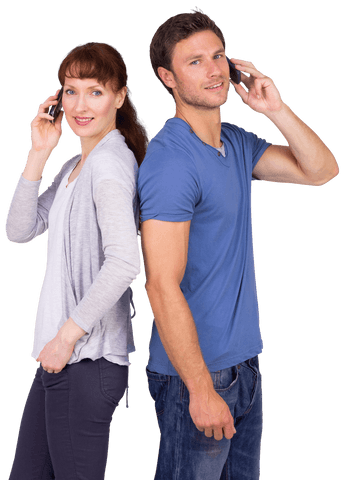 Smiling Couple Having Back-to-Back Phone Conversations Transparent Background - Download Free Stock Videos Pikwizard.com