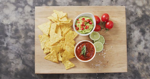 Tortilla Chips with Salsa and Guacamole on Wooden Board - Download Free Stock Photos Pikwizard.com