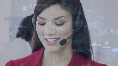 Smiling Support Agent Analyzing Digital Data Graphics