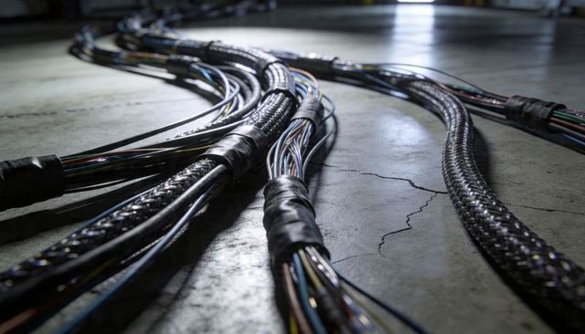 Bundled braided cable harnesses lying on concrete floor, exposed wires and taped joints