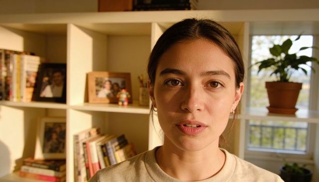 Young woman speaking in cozy home study with sunlight, bookshelf, potted plant