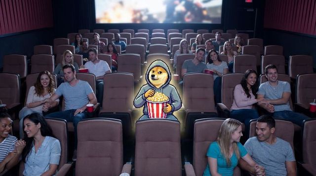 Pixel doge wearing hoodie eating popcorn in movie theater surrounded by couples