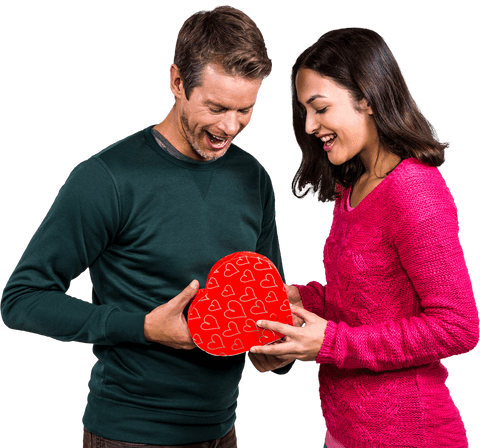 Joyful Couple Sharing Heart Gift Transparent Background