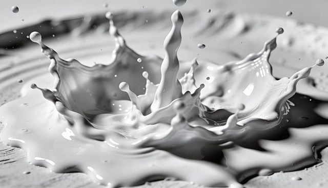 Macro white liquid crown splash with central jet, droplets and reflective viscous motion