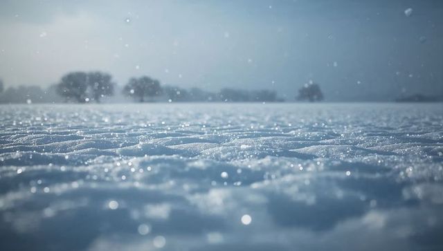 Rippling snow field sparkling with falling flakes under pale winter sky