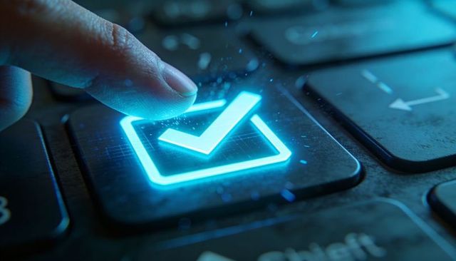Pressing fingertip on glowing checkmark keycap neon cyan digital approval concept