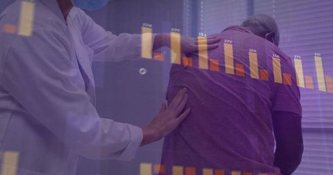 Doctor examining patient with digital healthcare data overlay