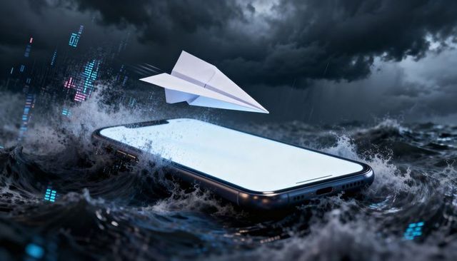 Paper airplane rising from smartphone floating in stormy sea with neon data streams