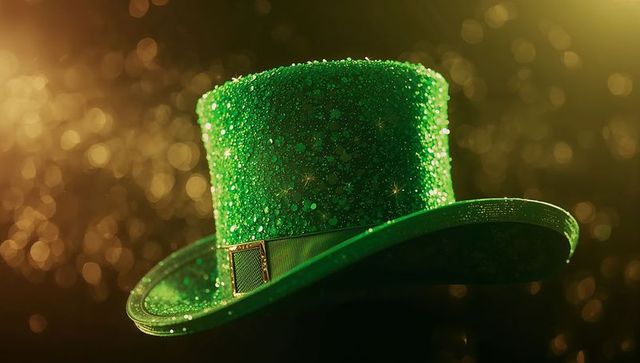 Glittering Green Top Hat Tipping Forward with Golden Bokeh Sparkle