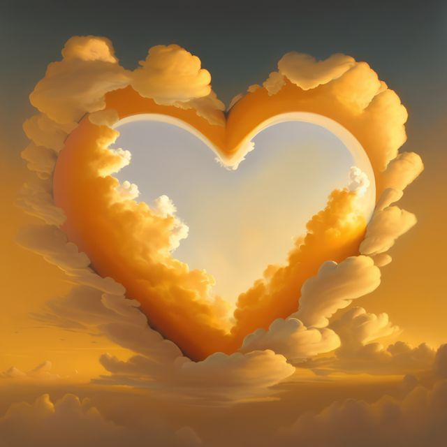 Heart shaped clouds in blue and yellow sky, created using generative ai technology. Heart, cloud, nature and love concept digitally generated image.