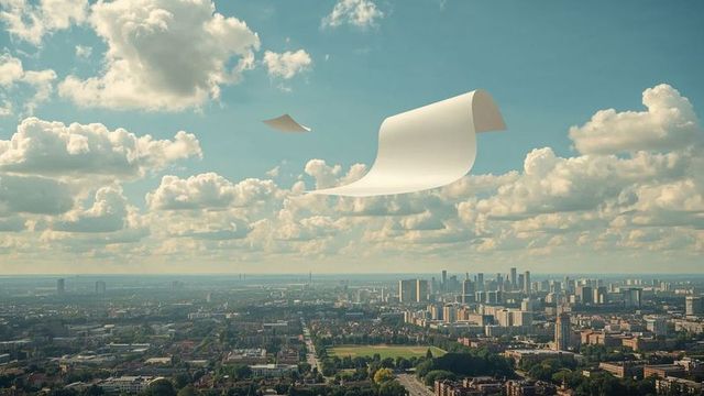Floating white papers above urban skyline with clouds