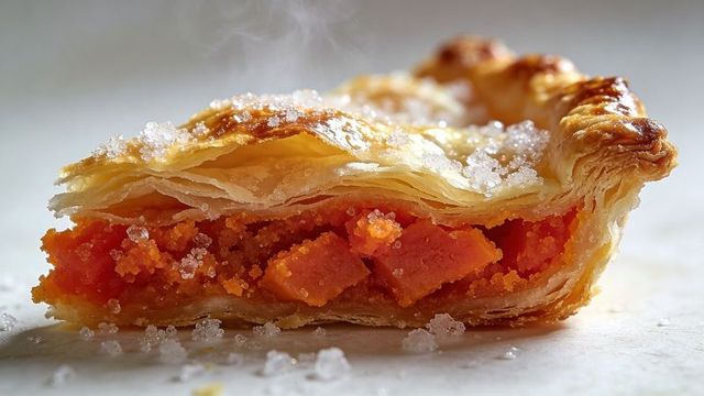 Warm golden flaky pastry filled with sweet orange filling and sparkling sugar crystals