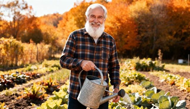 Smiling senior gardener watering vegetable beds with watering can in autumn sunlight