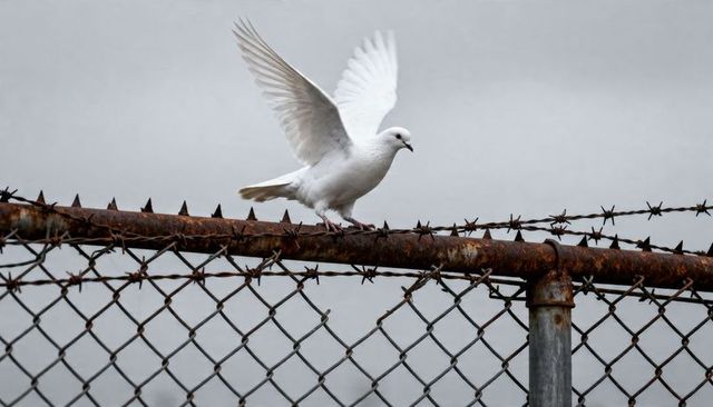 White dove perching on rusted chain-link fence lifting wings over barbed wire