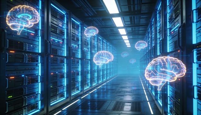 Neon brain holograms floating over futuristic server lane representing ai cloud intelligence