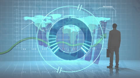 Businessman Analyzing Digital Data on World Map Interface