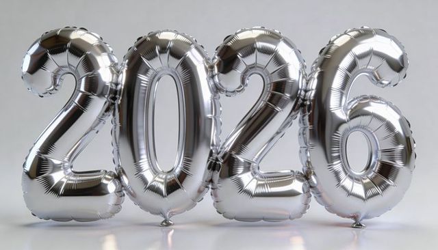 Shiny silver 2026 foil balloons reflective metallic numerals minimalist studio decor