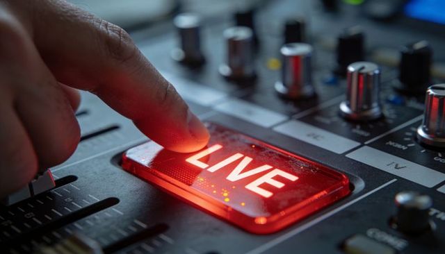 Finger pressing illuminated live button on professional audio mixer console with faders and knobs