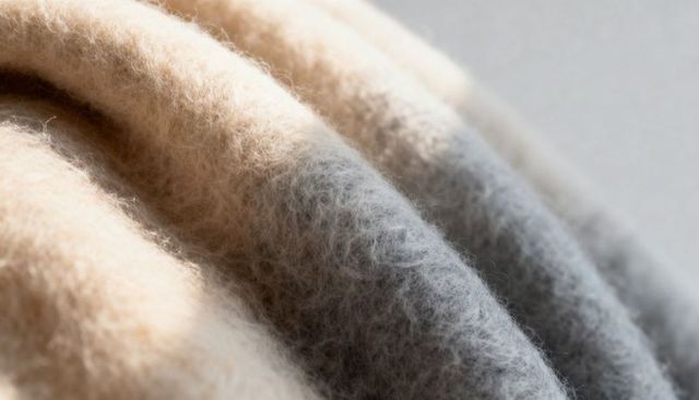 Soft wool texture closeup featuring folded cream and gray fibers with fuzzy pilling