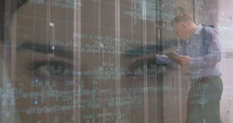 Data Processing Animation Overlaid with Server Room Activity