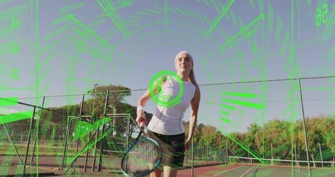 Tennis Player Swinging Racket with Futuristic Green HUD Overlay