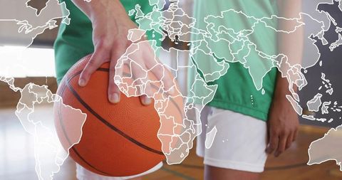Athletic Basketball Players with World Map Overlay Creative Concept
