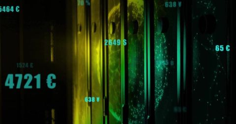 Neon finance dashboard with floating currency labels, networked data globe and sleek panels