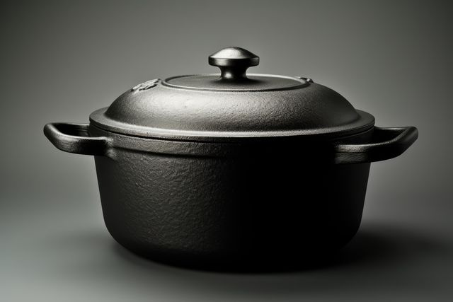 Cast iron Dutch oven pot with a lid, presented in high contrast studio lighting. Ideal for use in kitchenware advertisements, cookware catalogues, culinary blogs, or online retail product listings. The traditional and rustic appeal makes it suitable for themes centered around home cooking and classic recipes.