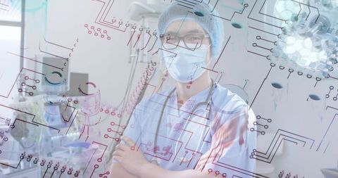 Surgeon standing in operating room with circuit overlay representing surgical robotics & ai