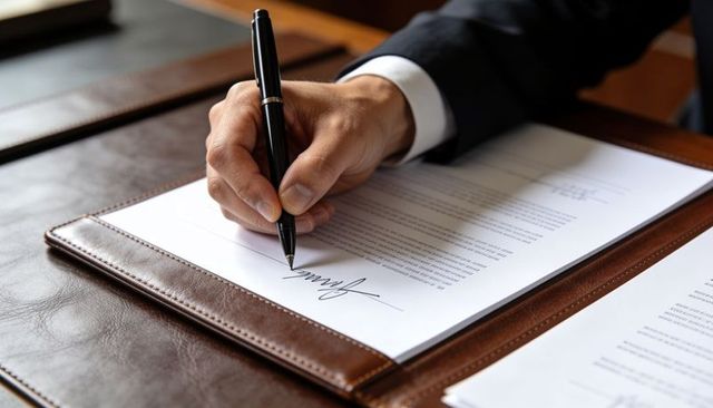 Executive signing contract with fountain pen on leather pad closeup corporate agreement