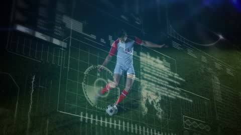 Futuristic Soccer Player with Data Overlay Kicking Ball