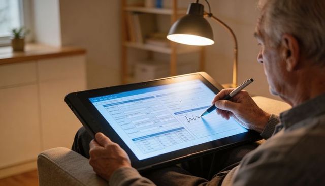 Senior man signing digital form on pen-display tablet using stylus in cozy living room