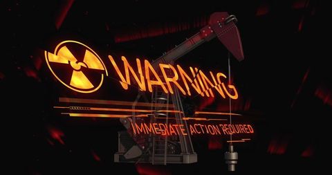 Radiation alert over oil pumpjack indicating urgent safety action