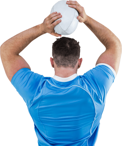 Back View of Rugby Player Throwing Ball on Transparent Background