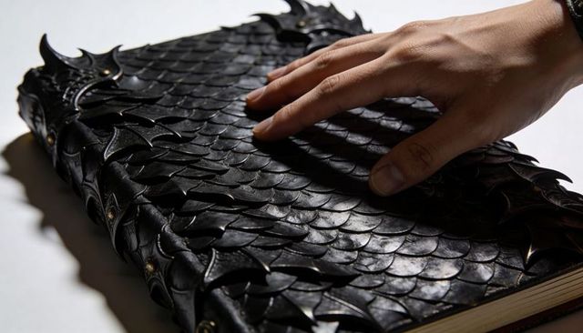 Hand resting on black dragon-scale leather journal with studded rivets and wristband