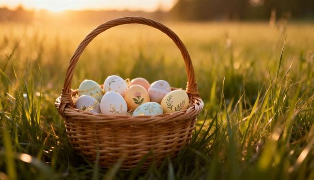 Wicker basket holding pastel floral easter eggs glowing in golden meadow at sunset
