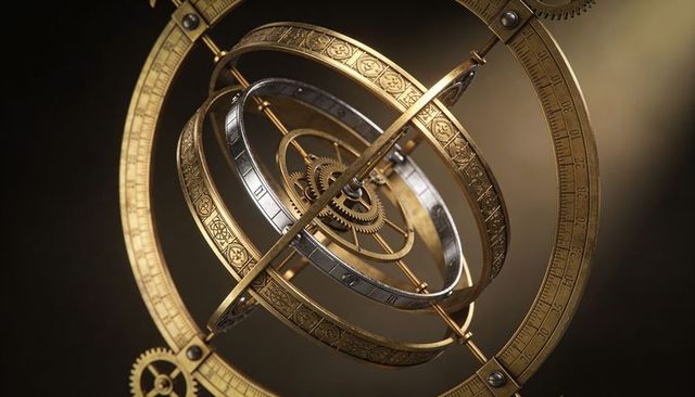 Rotating brass armillary astrolabe with engraved rings, gears and antique mechanism