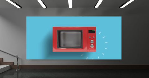 Stylized Red Microwave and Blue Wall Art in Modern Interior - Download Free Stock Images Pikwizard.com