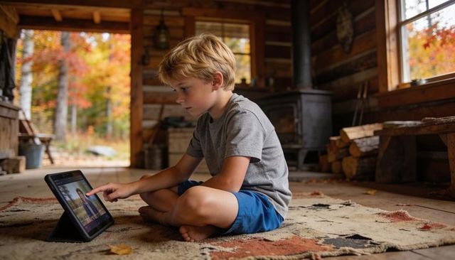 Young boy using tablet in cozy log cabin during autumn light for homeschooling and leisure
