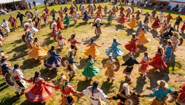 Vibrant powwow circle dancing in traditional regalia with feather bustles, outdoor cultural festival