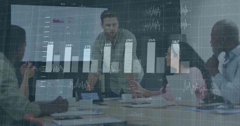 Financial team analyzing global business data projections