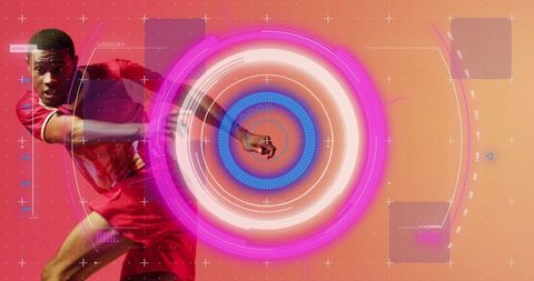 Dynamic Athlete in Red with Futuristic Digital Overlay