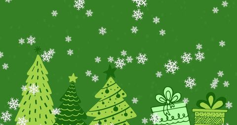 Festive Christmas Trees with Snowfall on Green Background