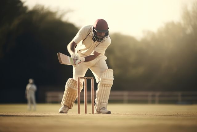Batsman playing a defensive shot during a cricket match on a sunny day. Scenic cricket field and game in progress. Ideal for use in sports-related content, advertising cricket gear, and promoting athletic events or competitions.