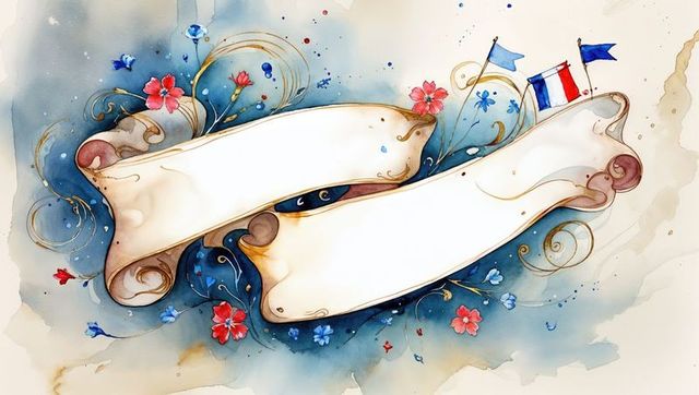 Vintage scrolls with french flags and watercolor florals